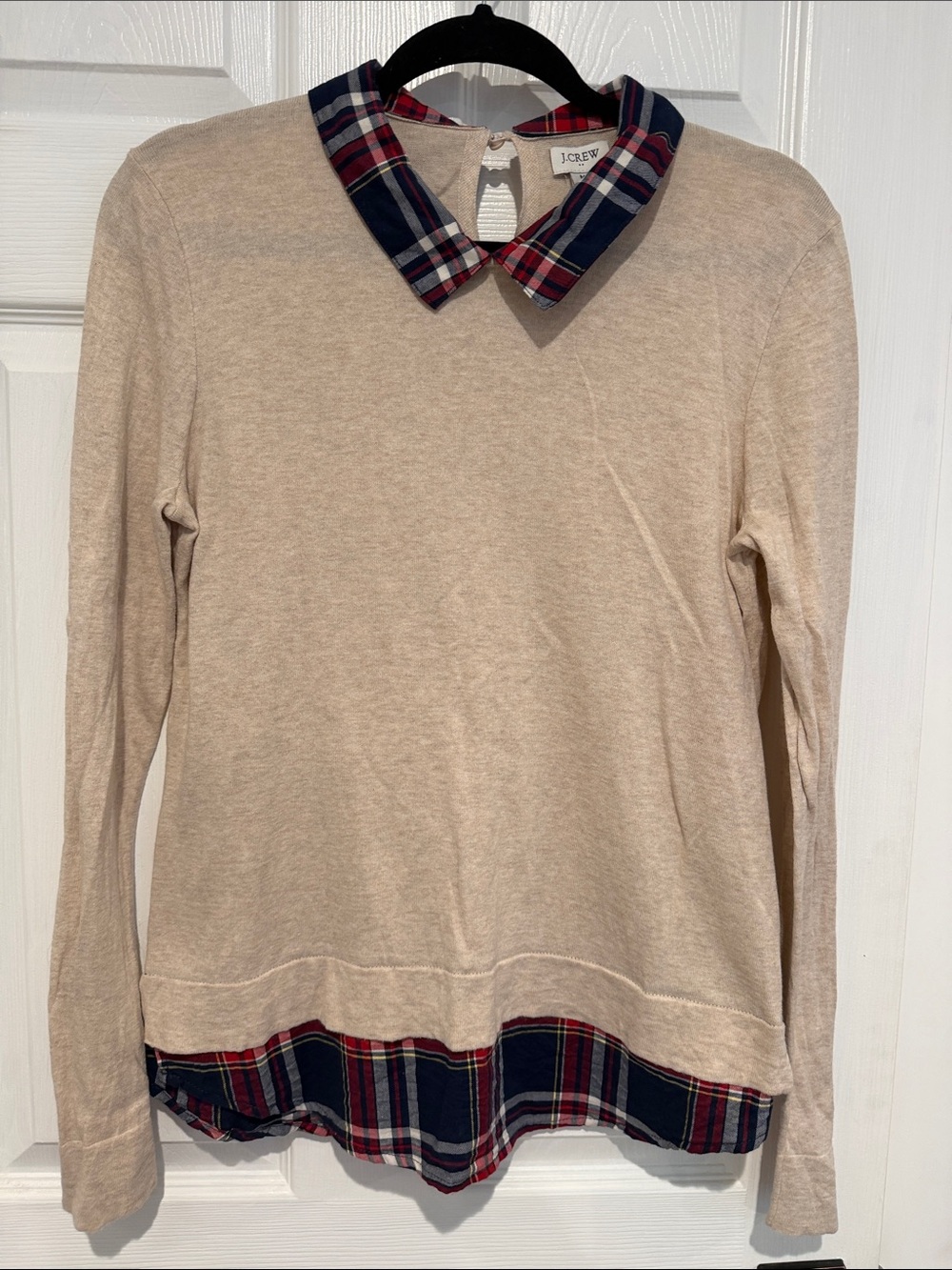 J. Crew Cream Sweater with Navy & Red Plaid Collar and Hem size medium